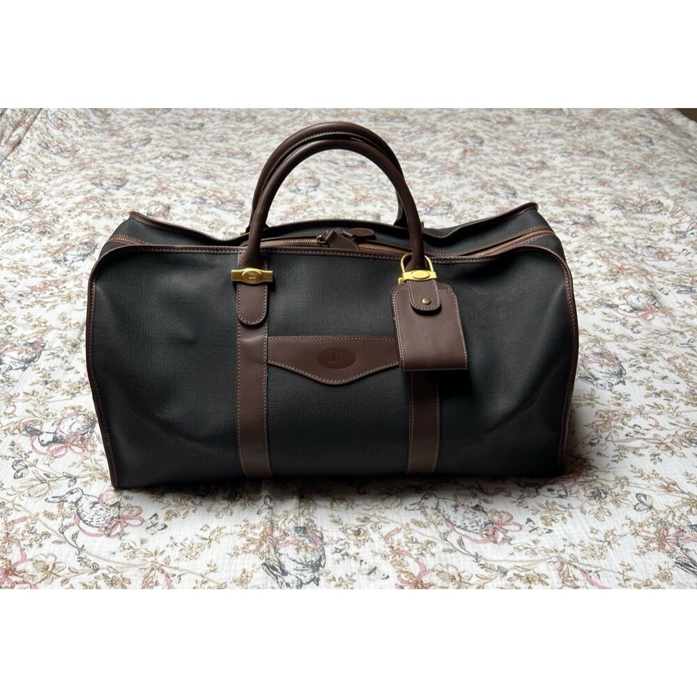 Dunhill Boston Weekender Bag Brown Leather Black Coated Canvas With Luggage Tag